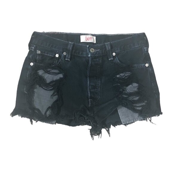 LEVI'S 501 Shorts Women's Size 28 Button-Fly Dark Wash Distressed Cut-Off Denim - Picture 1 of 10